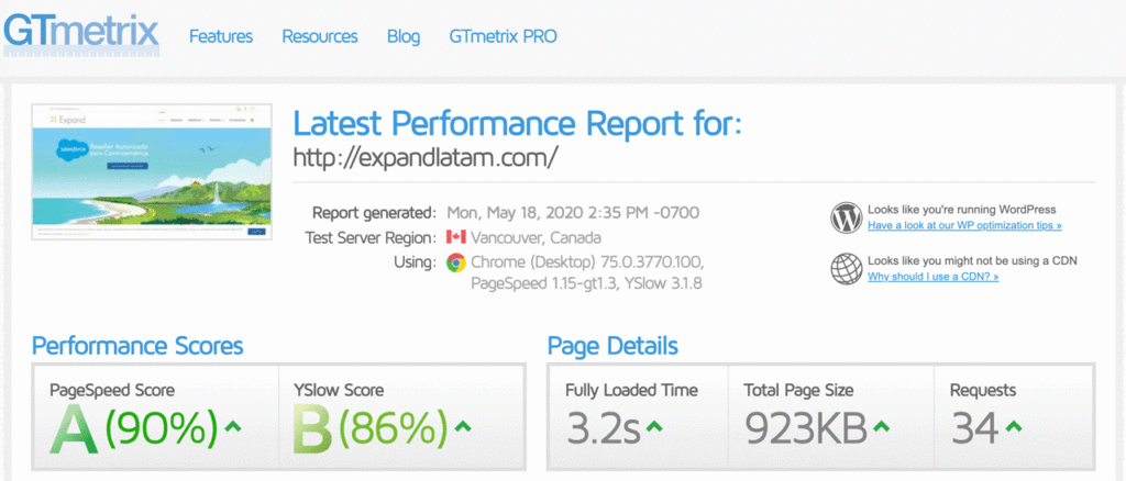 Reporte - Mértricas de desmpeño Gtmetrix para Expand Latam